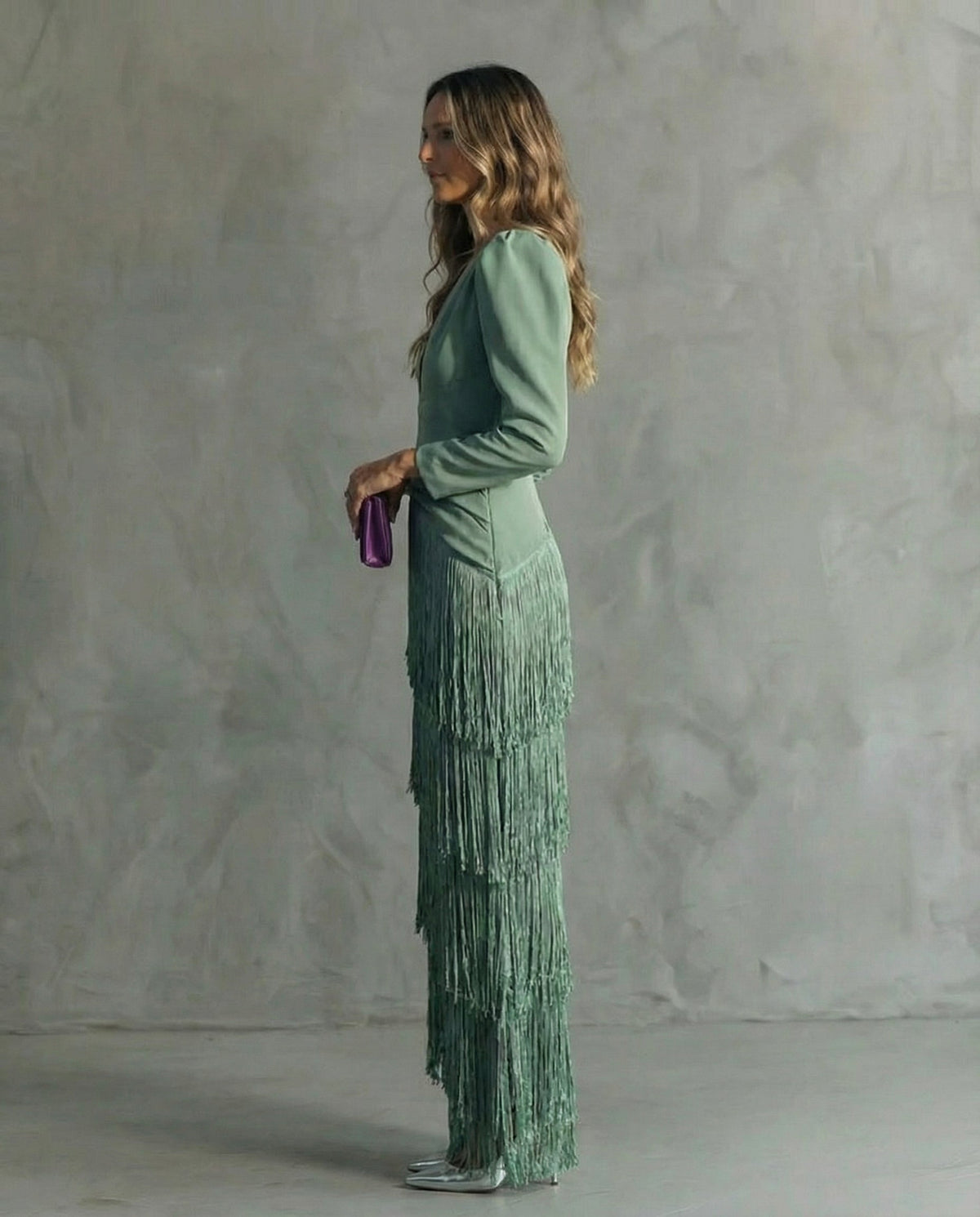 Beatriz | Vestido Largo de Invitada de Invierno con Manga Larga y Flecos