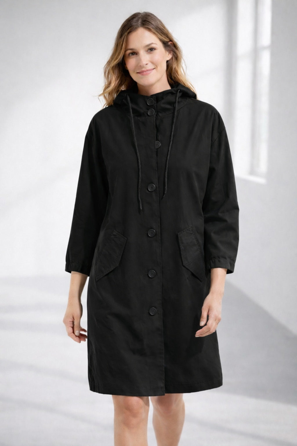 Delia | Chaqueta Larga con Capucha Mujer Botones Manga 3/4