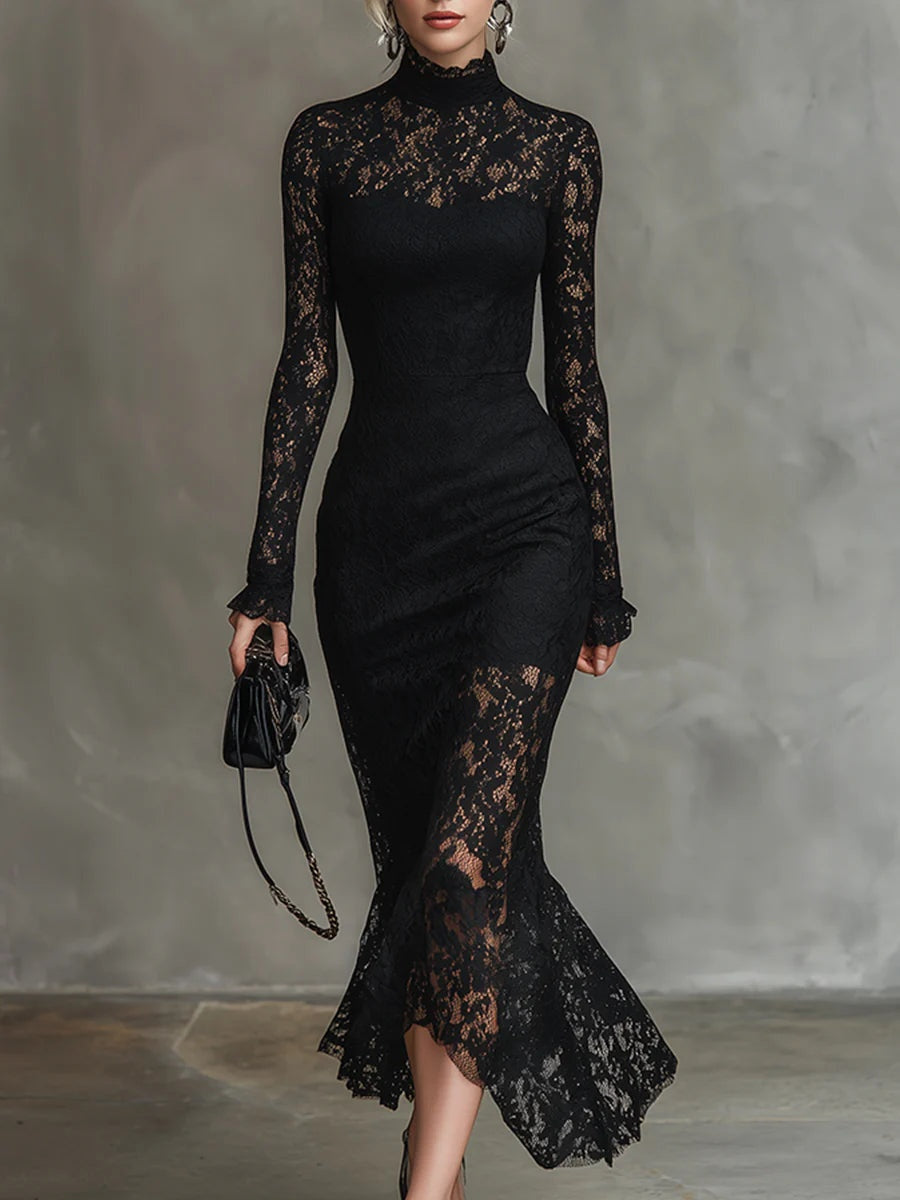 Elvira | Vestido de Encaje de Invitada de Invierno con Manga Larga y Cuello Alto