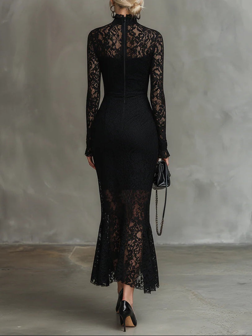 Elvira | Vestido de Encaje de Invitada de Invierno con Manga Larga y Cuello Alto
