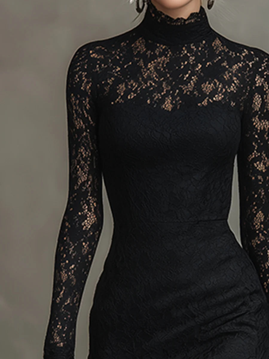 Elvira | Vestido de Encaje de Invitada de Invierno con Manga Larga y Cuello Alto