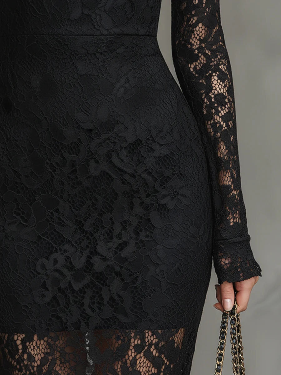 Elvira | Vestido de Encaje de Invitada de Invierno con Manga Larga y Cuello Alto