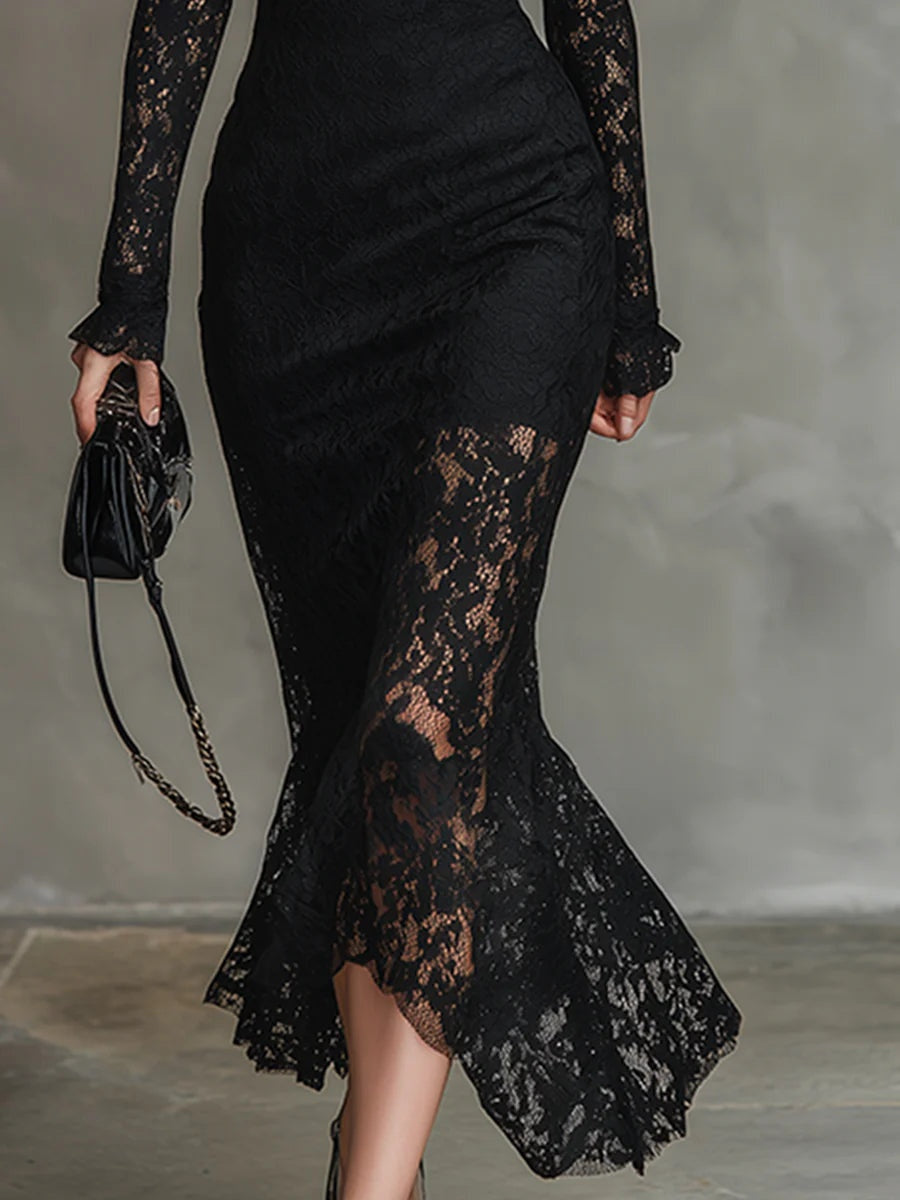 Elvira | Vestido de Encaje de Invitada de Invierno con Manga Larga y Cuello Alto