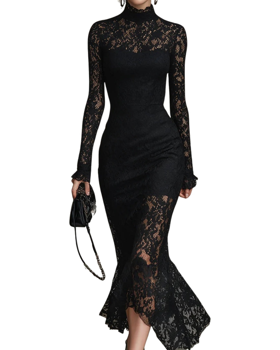Elvira | Vestido de Encaje de Invitada de Invierno con Manga Larga y Cuello Alto