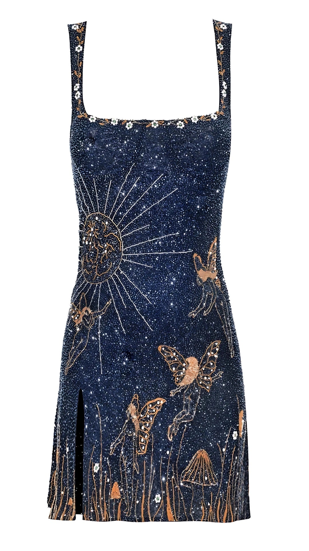 Leire | Vestido Corto de Fiesta Bordado con Mariposas y Escote Cuadrado