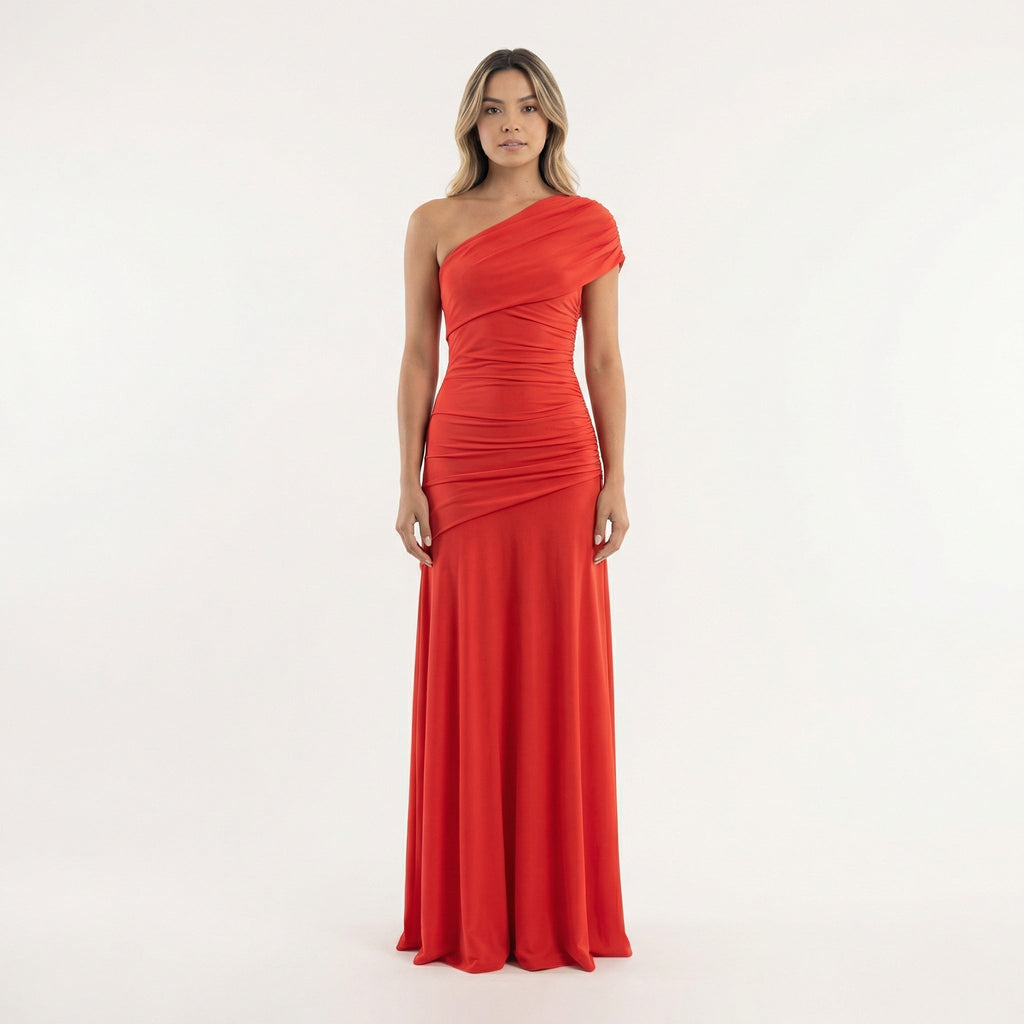 Rocío | Vestido Largo de Fiesta Asimétrico de un Hombro con Fruncido