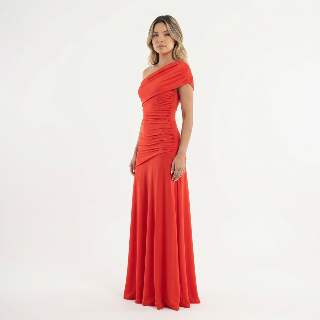Rocío | Vestido Largo de Fiesta Asimétrico de un Hombro con Fruncido